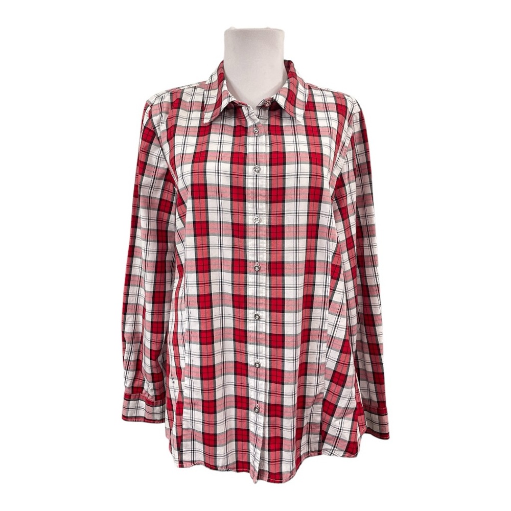 Talbots Women's Button Down Blouse Size 16 Cotton Stretchy Plaid Red Long Sleeve